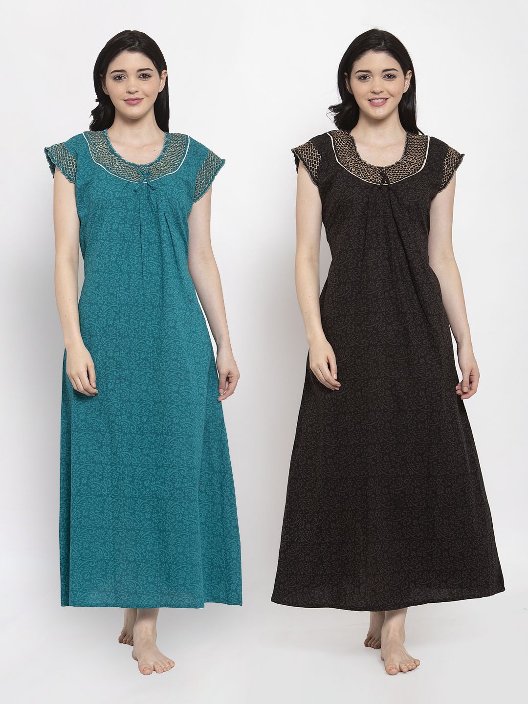 

Secret Wish Pack Of 2 Turquoise Blue & Black Printed Pure Cotton Maxi Nightdress