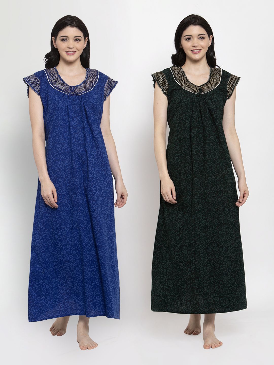 

Secret Wish Pack Of 2 Blue & Green Printed Pure cotton Maxi Nightdress