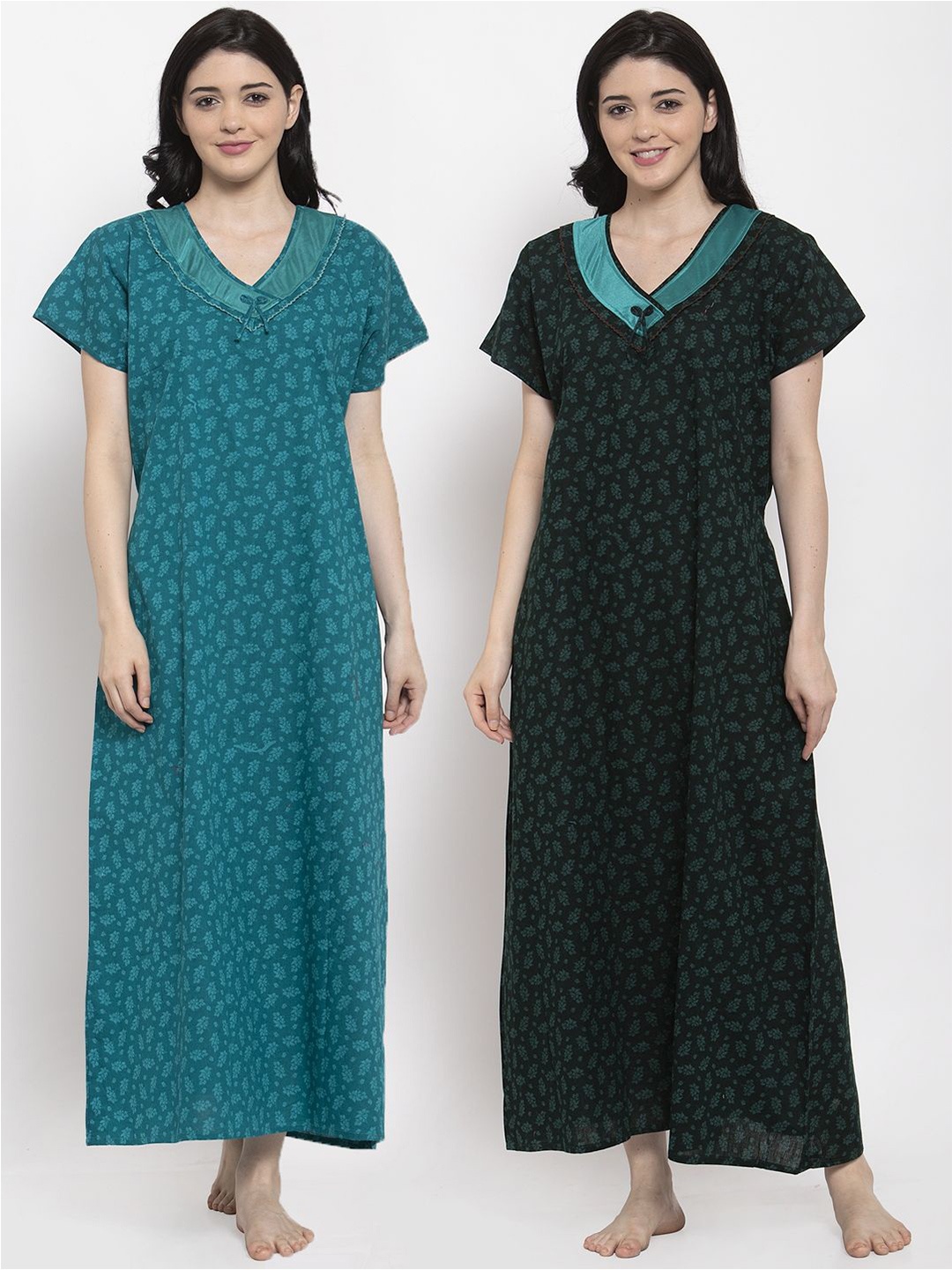 

Secret Wish Pack of 2 Turquoise Blue & Green Pure Cotton Printed Maxi Nightdress