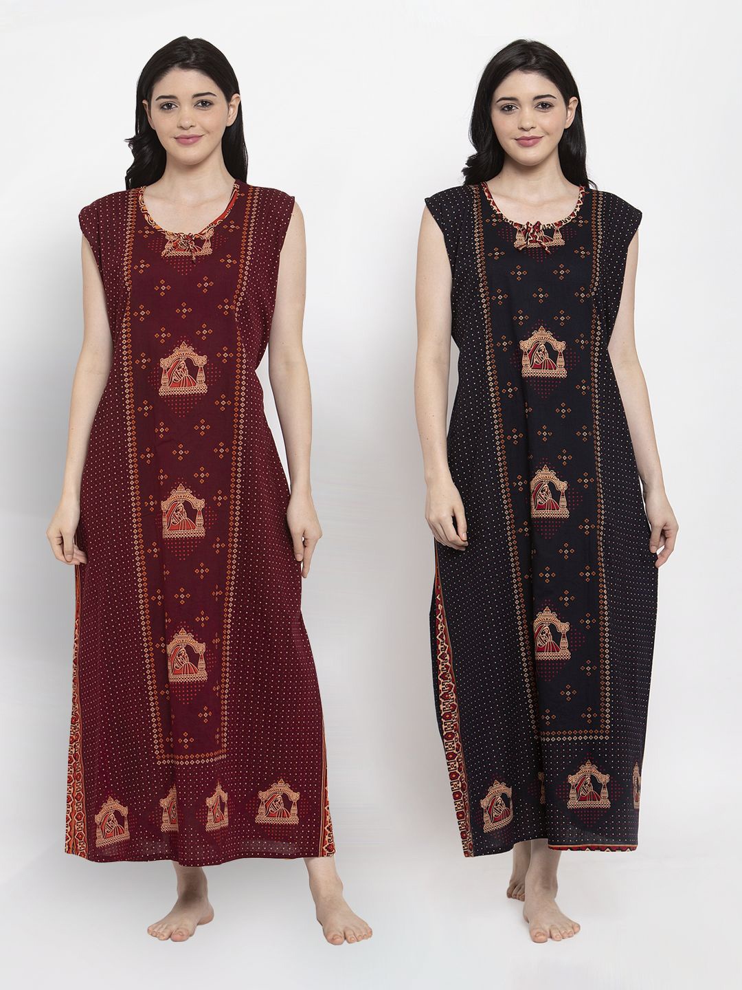 

Secret Wish Women Pack Of 2 Brown & Black Printed Maxi Nightdress