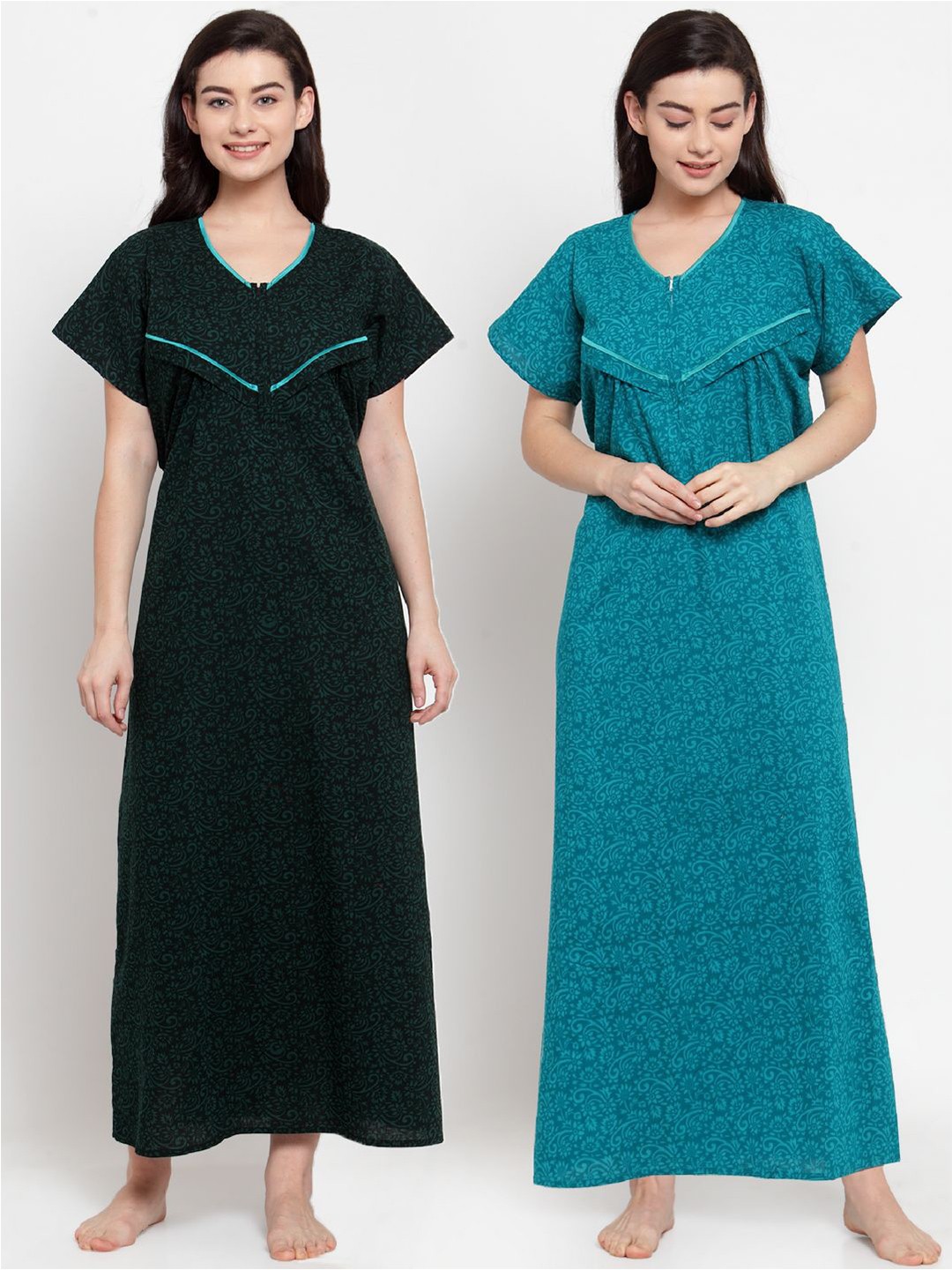 

Secret Wish Pack of 2 Green Printed Pure Cotton Maxi Nightdress