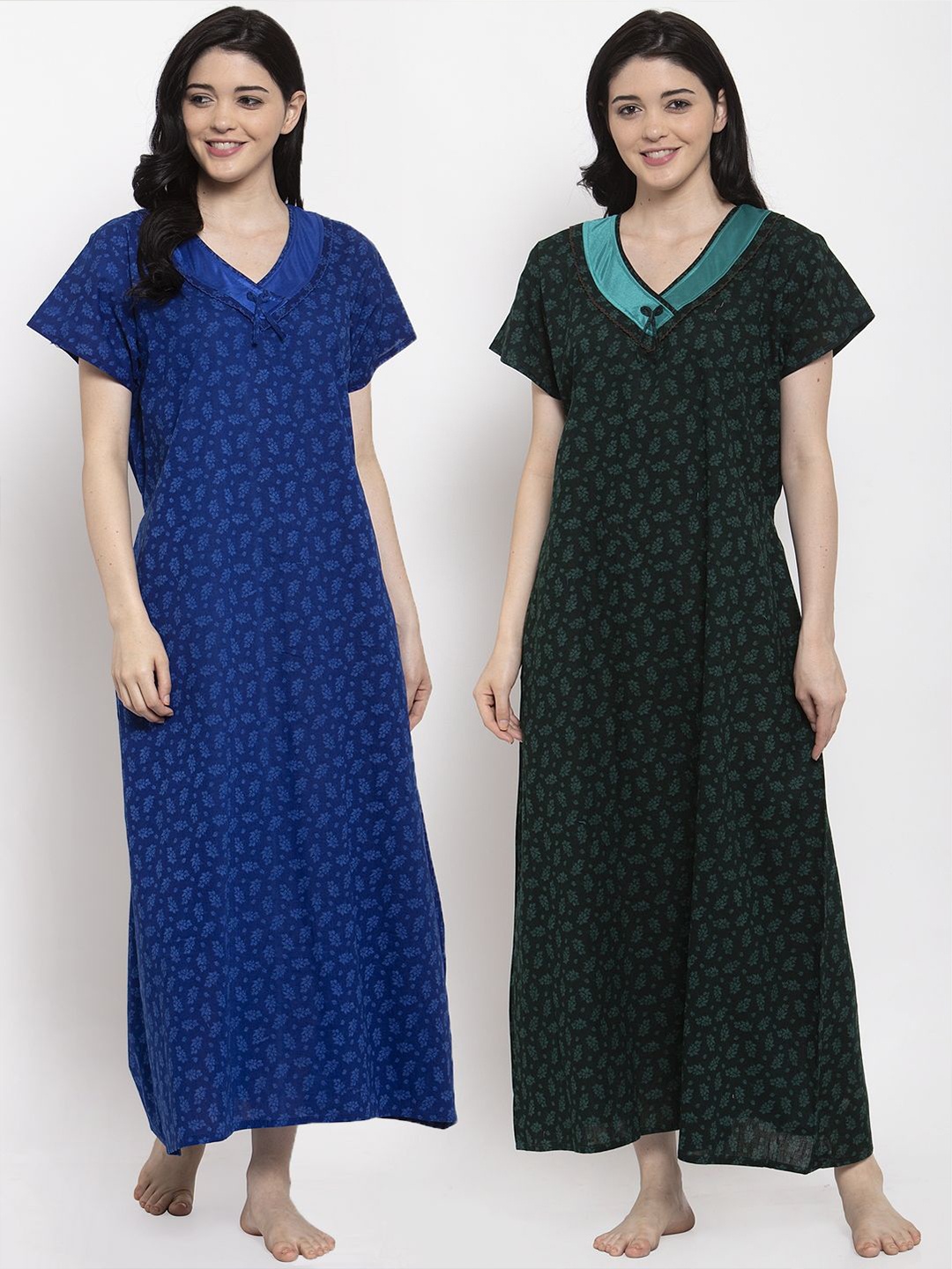 

Secret Wish Pack Of 2 Blue & Green Printed Pure cotton Maxi Nightdress