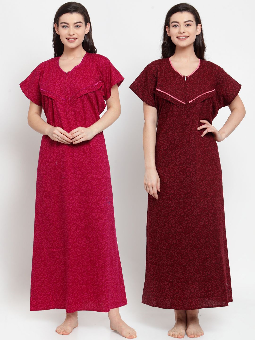 

Secret Wish Pack of 2 Pink & Maroon Printed Pure Cotton Maternity Maxi Nightdress