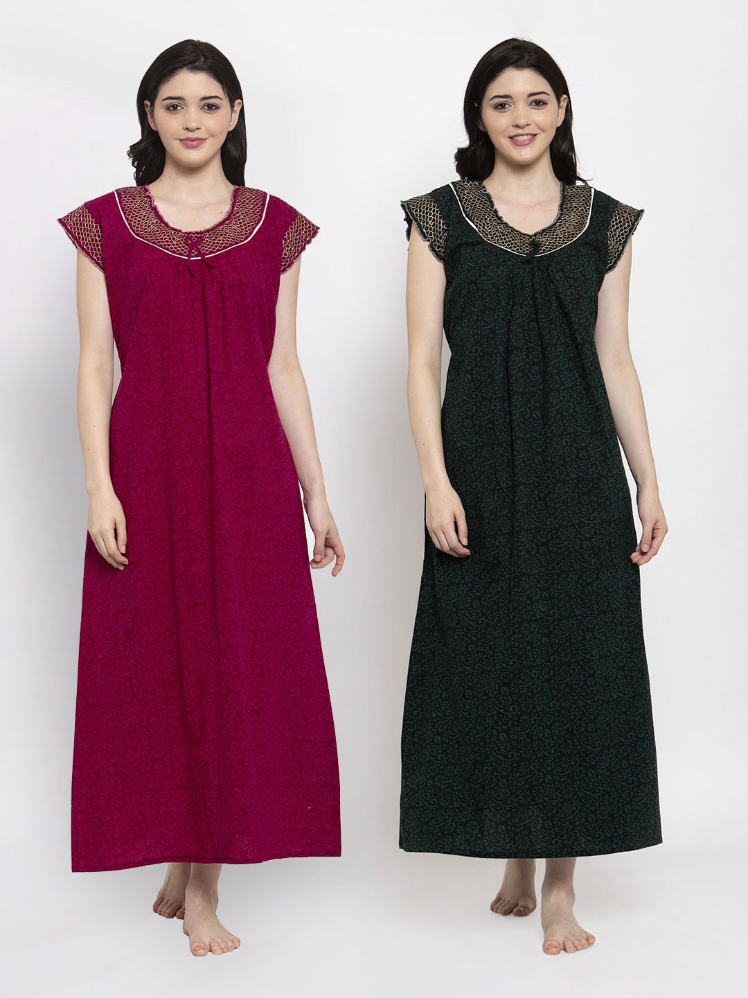 Secret Wish Maroon & Green Set Of 2 Floral Printed Maxi Nightdress