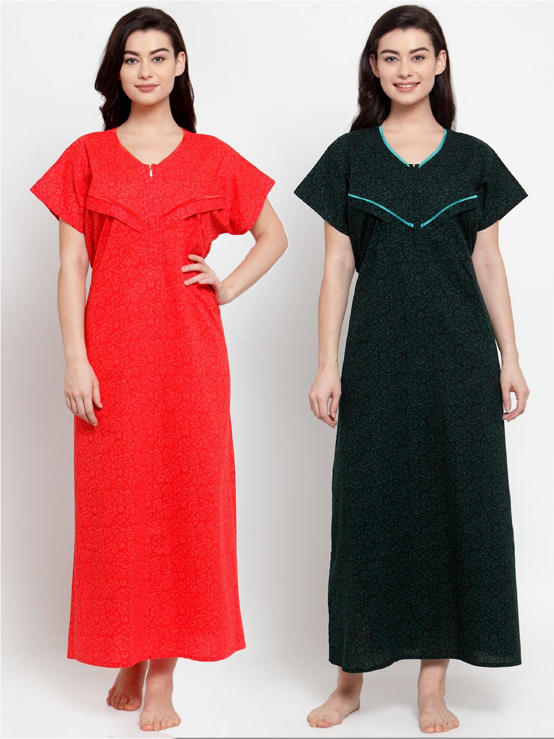 

Secret Wish Pack of 2 Printed Pure Cotton Maxi Nightdress, Red