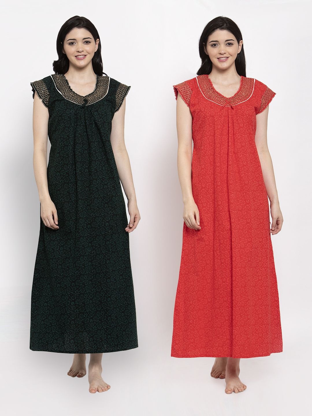 

Secret Wish Pack Of 2 Printed Pure Cotton Maxi Nightdresses, Red