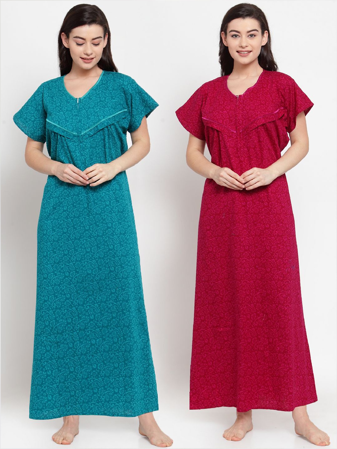 

Secret Wish Set-2 Women Turquoise Blue & Dark Pink Printed Maxi Nightdress