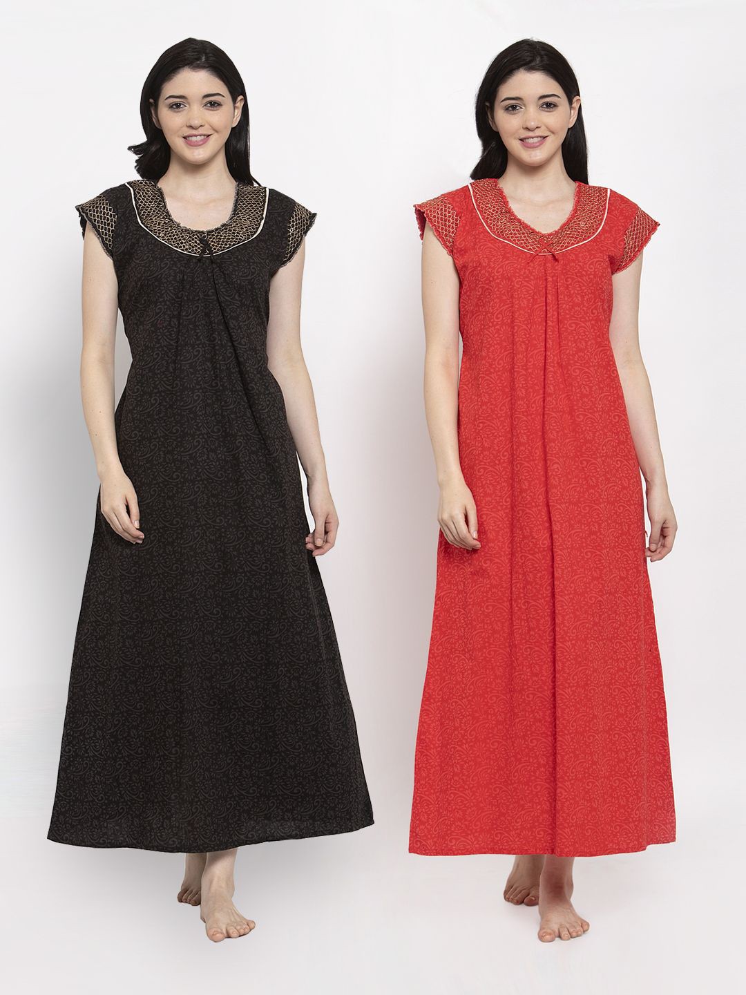 

Secret Wish Women Pack Of 2 Black & Red Printed Maxi Nightdress