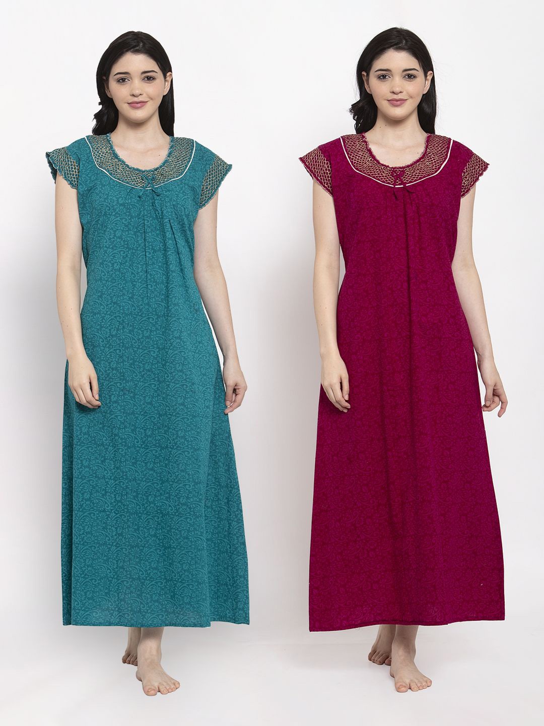 

Secret Wish Pack Of 2 Printed Pure Cotton Maxi Nightdresses, Teal