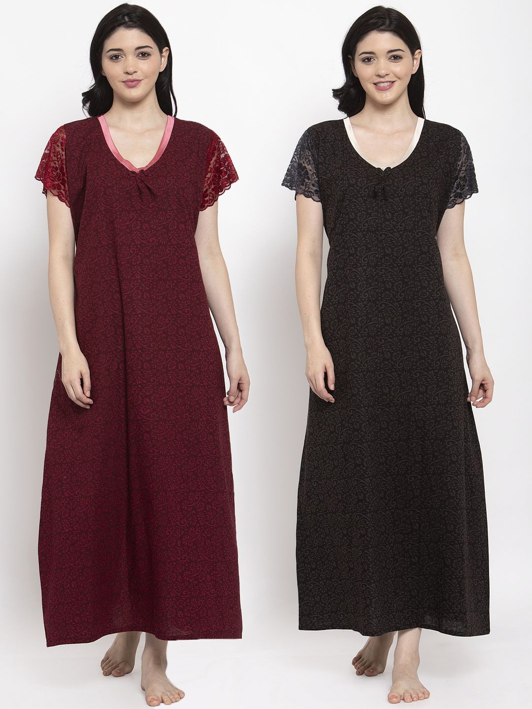 

Secret Wish Pack of 2 Printed Pure Cotton Maxi Nightdress, Maroon