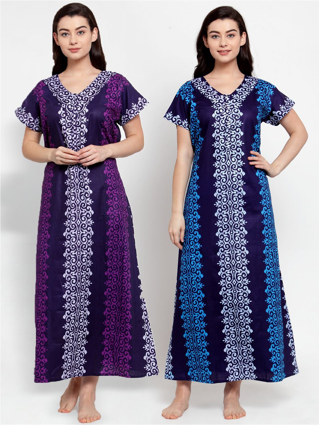 

Secret Wish Set-2 Women Purple & Blue Printed Maxi Nightdress