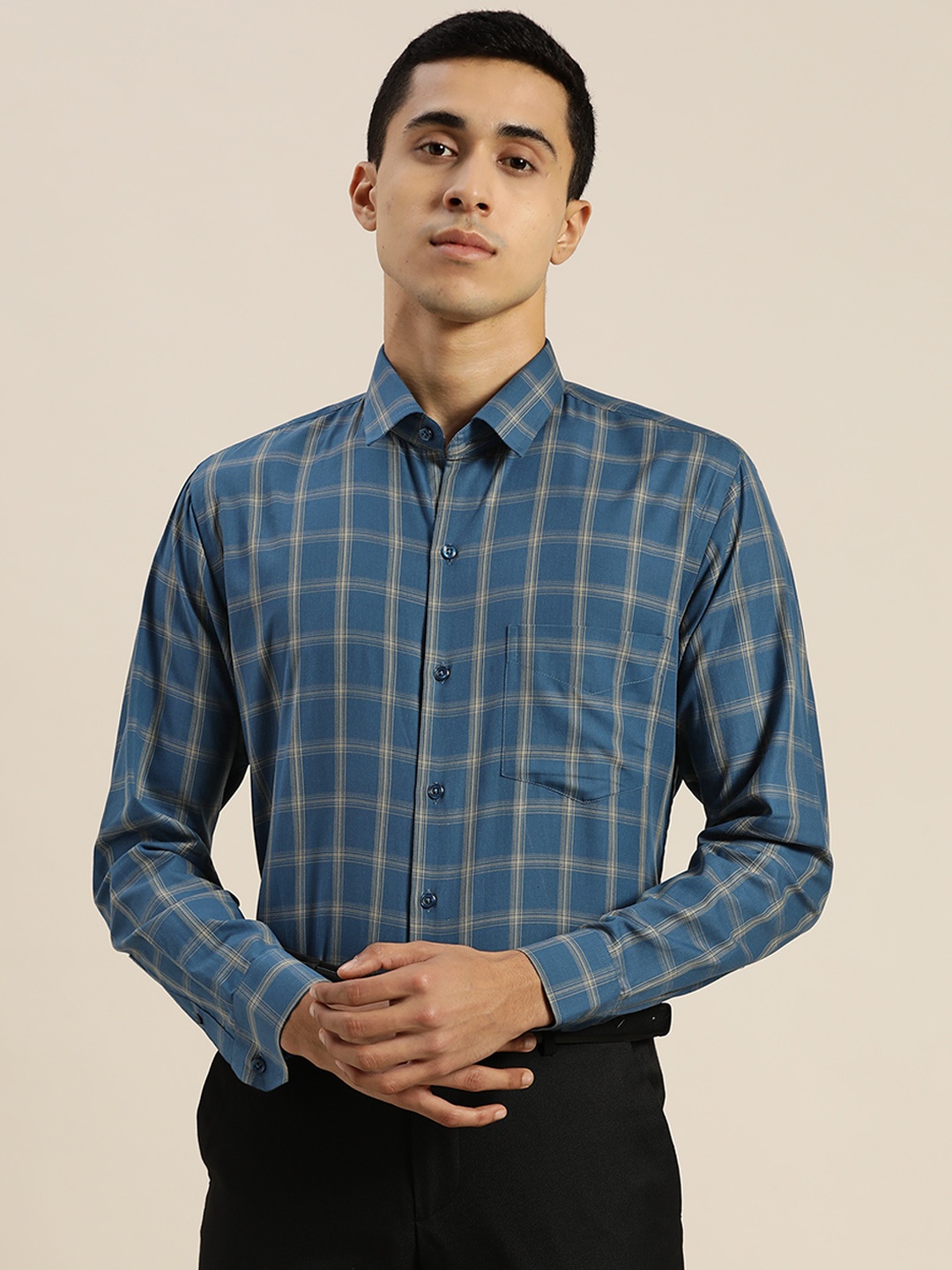 

Hancock Men Blue Slim Fit Windowpane Checks Opaque Checked Formal Shirt