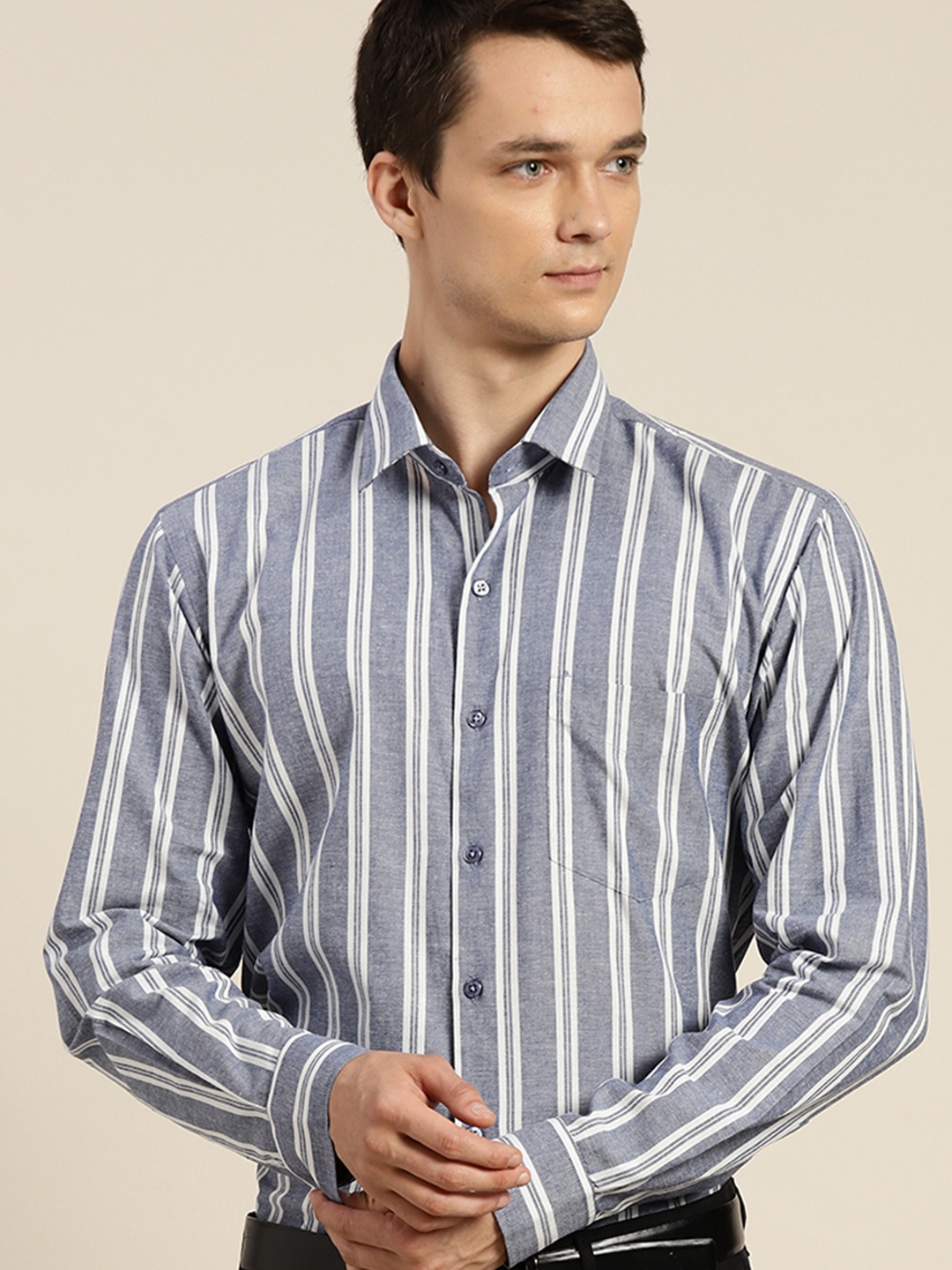 

Hancock Men Grey & White Slim Fit Striped Cotton Formal Shirt