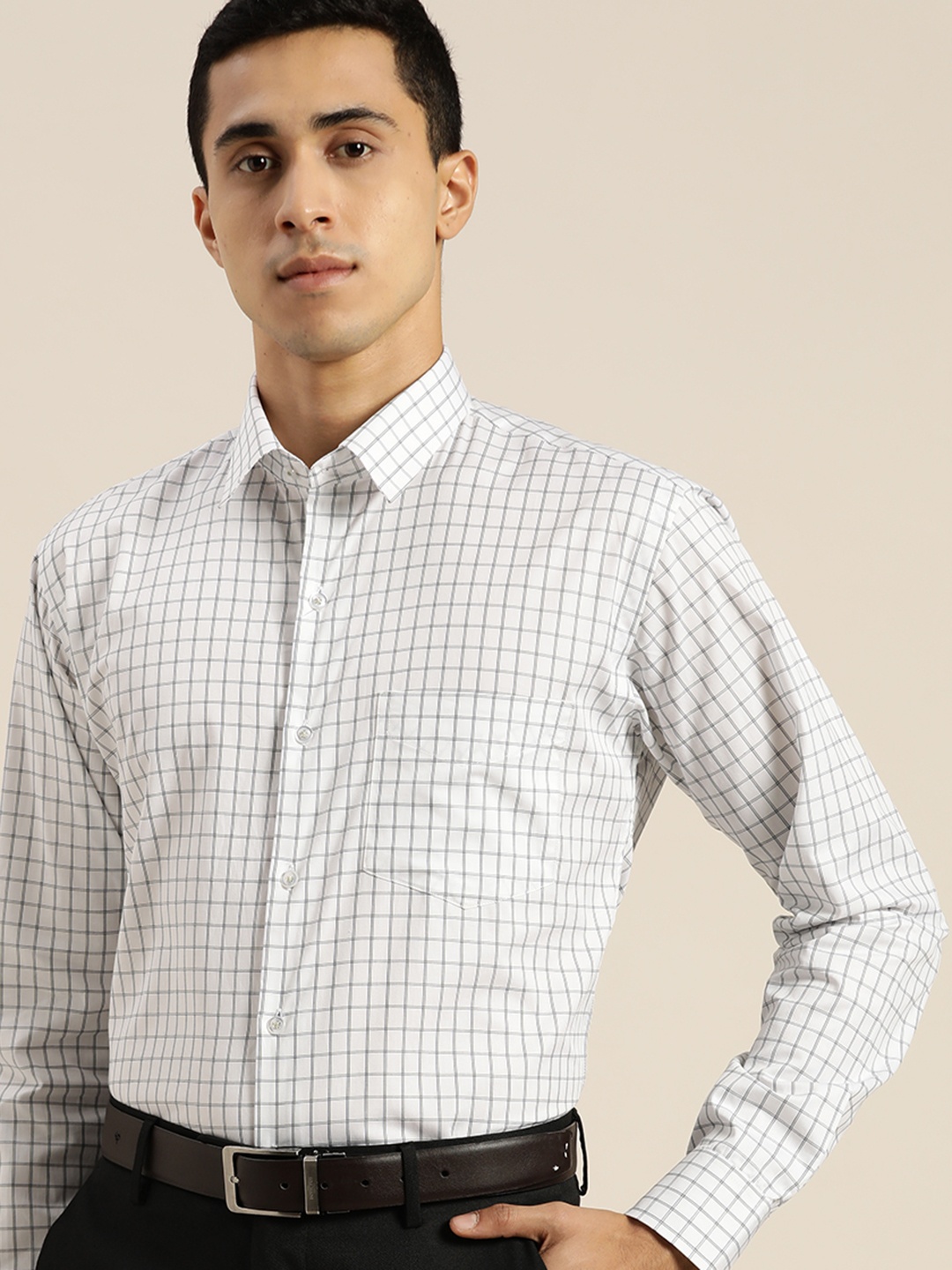 

Hancock Men White Premium Slim Fit Windowpane Checks Opaque Checked Formal Shirt
