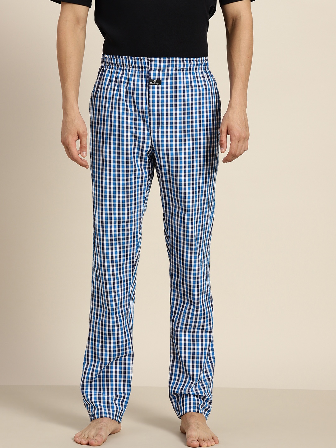 

Hancock Men Red & Navy Blue Cotton Checked Lounge Pants, Black