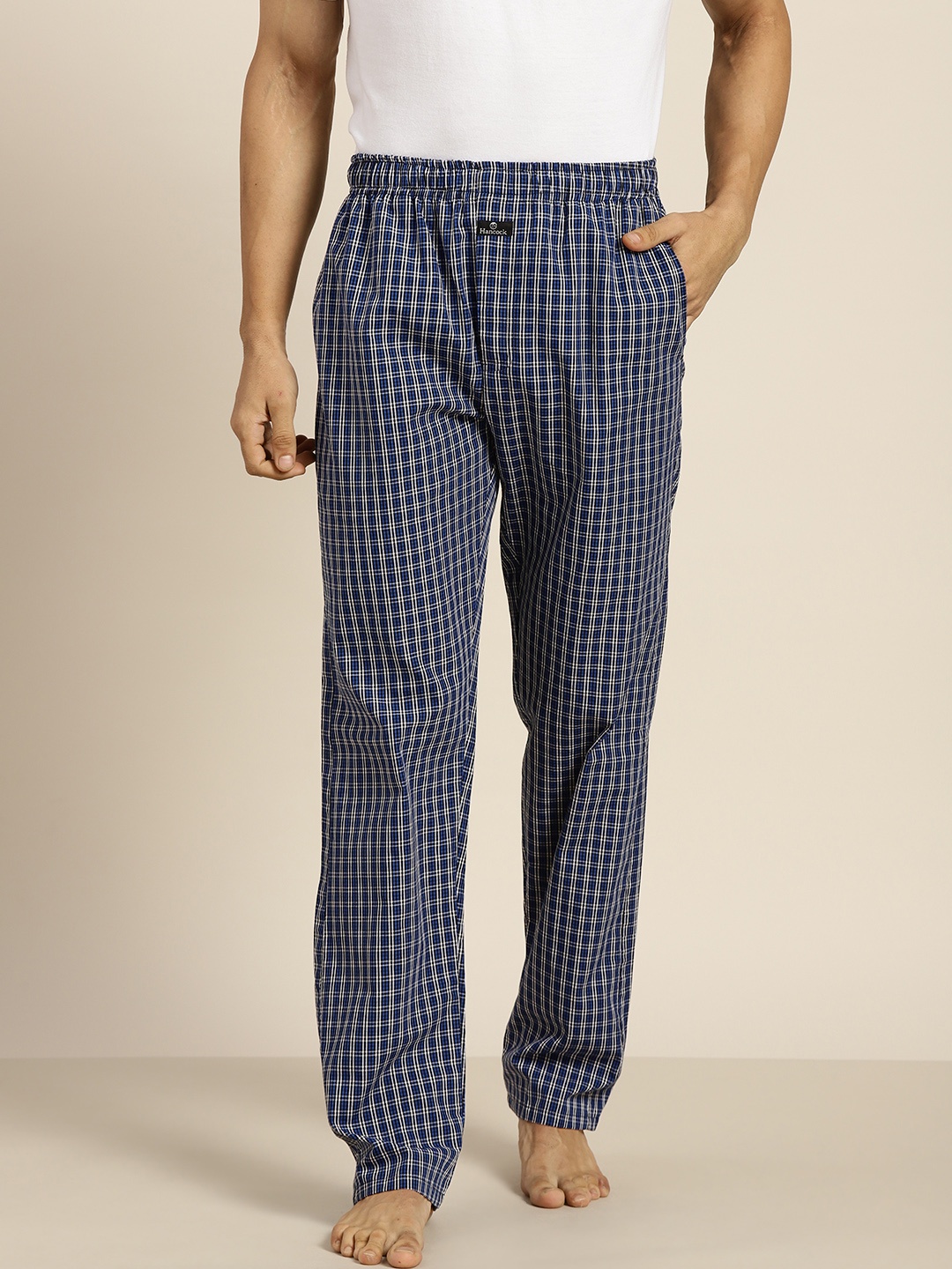 

Hancock Men Navy Blue & White Checked Cotton Lounge Pants