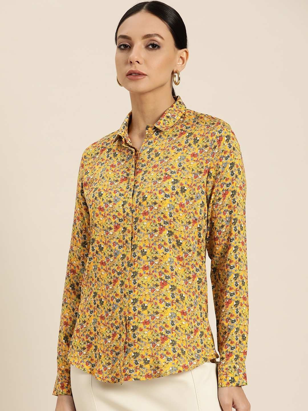 

Hancock Women Mustard Yellow & Orange Slim Fit Floral Opaque Printed Formal Shirt
