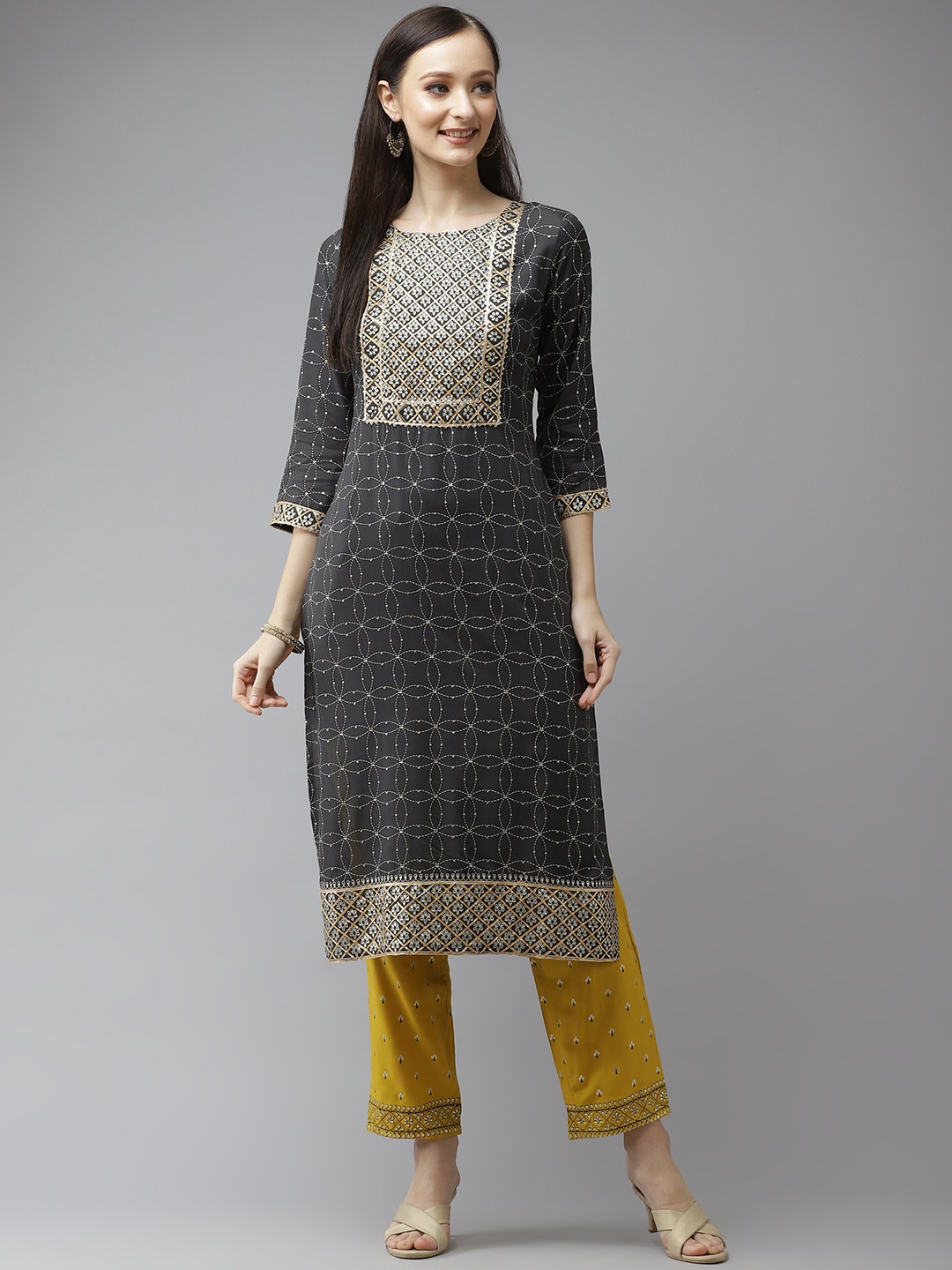 

Yufta Women Black Ethnic Motifs Yoke Design Regular Gotta Patti Kurta with Palazzos