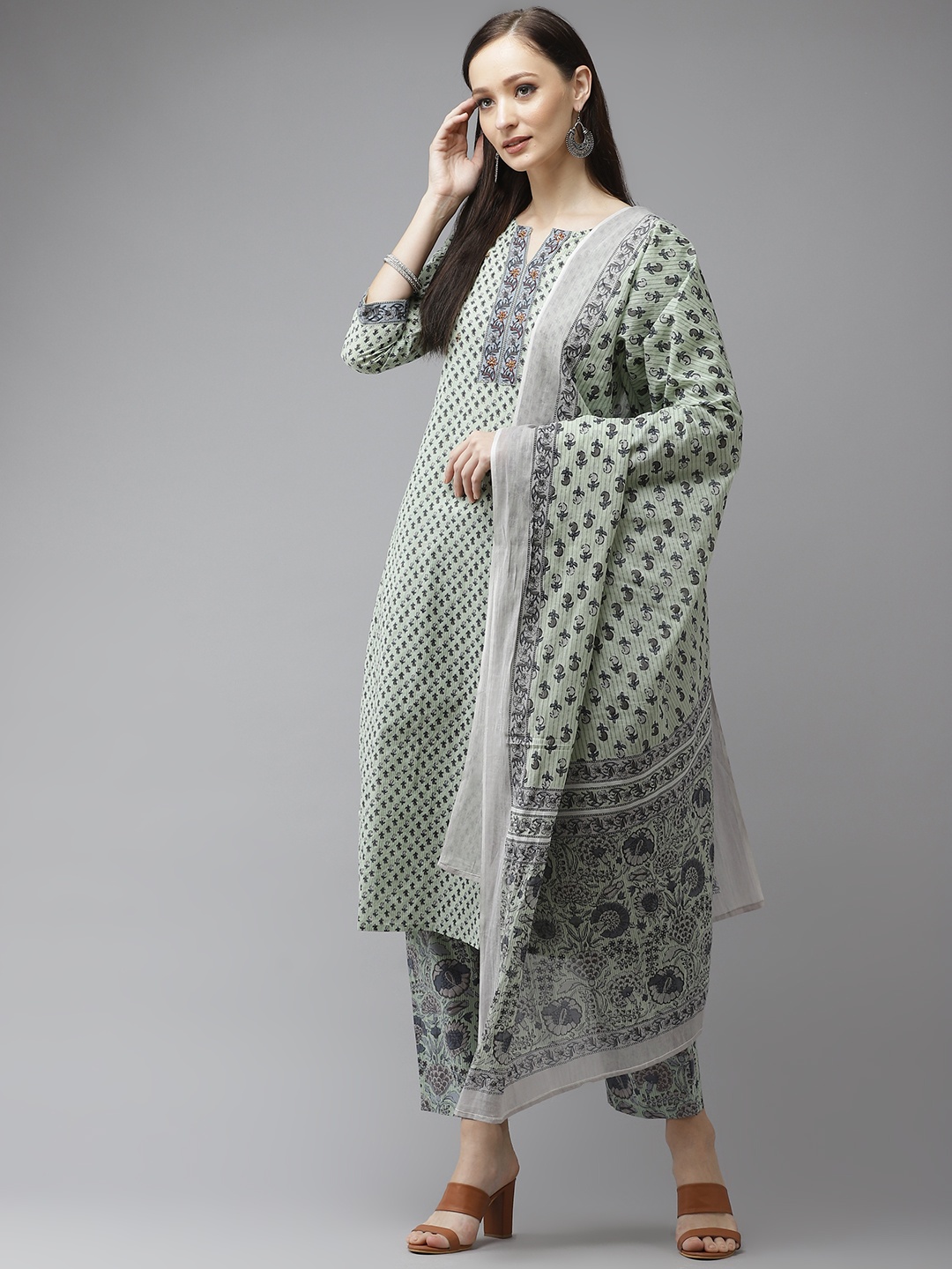 

Yufta Women Green Ethnic Motifs Printed Regular Thread Work Pure Cotton Kurta with Trousers & With Dupatta