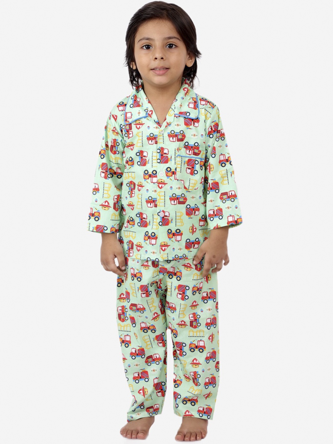 

KID1 Boys Green & Black Fire Car Printed Pure Cotton Night Suit