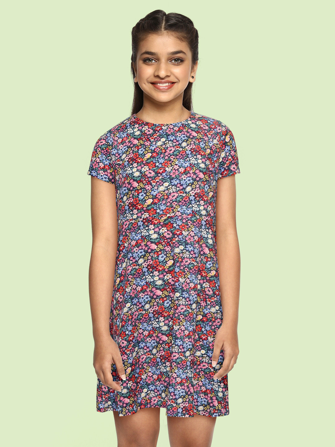 

YK Girls Blue & Pink Floral Fit & Flare Dress