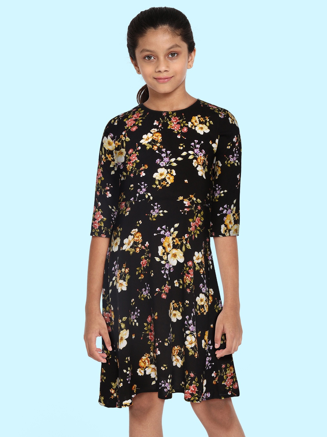 

YK Girls Black & Yellow Floral Fit & Flare Dress