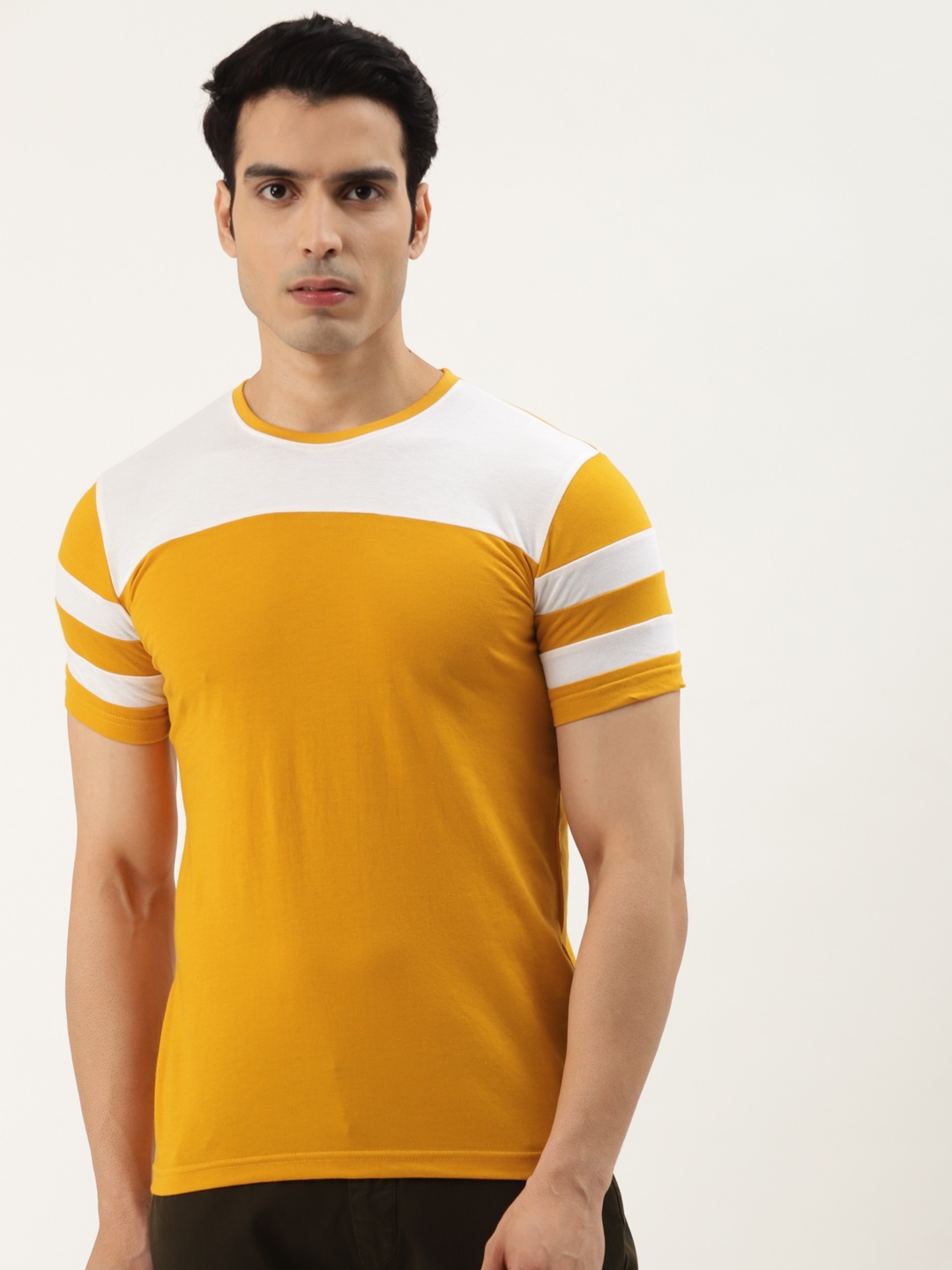 

GESPO Men Mustard Yellow & White Colourblocked T-shirt