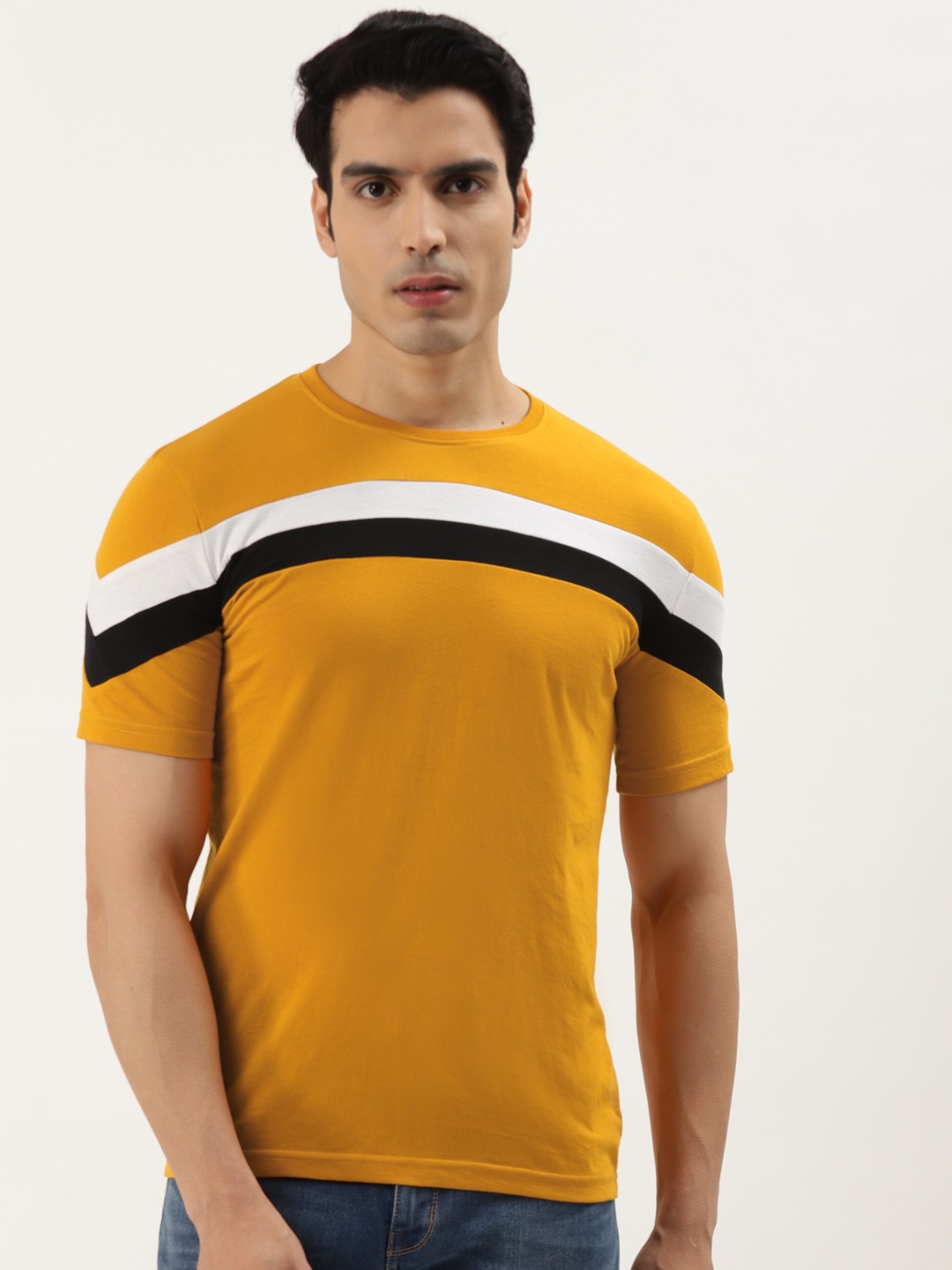 

GESPO Men Mustard Yellow & White Striped T-shirt