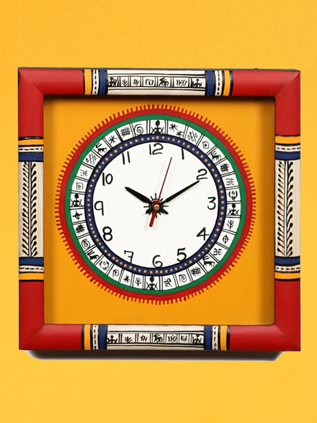 

AAKRITI ART CREATIONS Yellow & Black Warli Art Printed Traditional Wall Clock