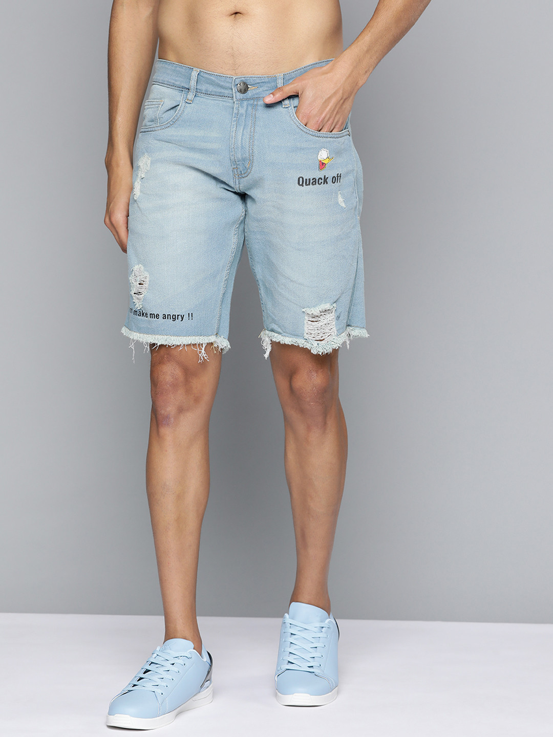 

Kook N Keech Men Blue Donald Duck Printed Ripped Denim Shorts