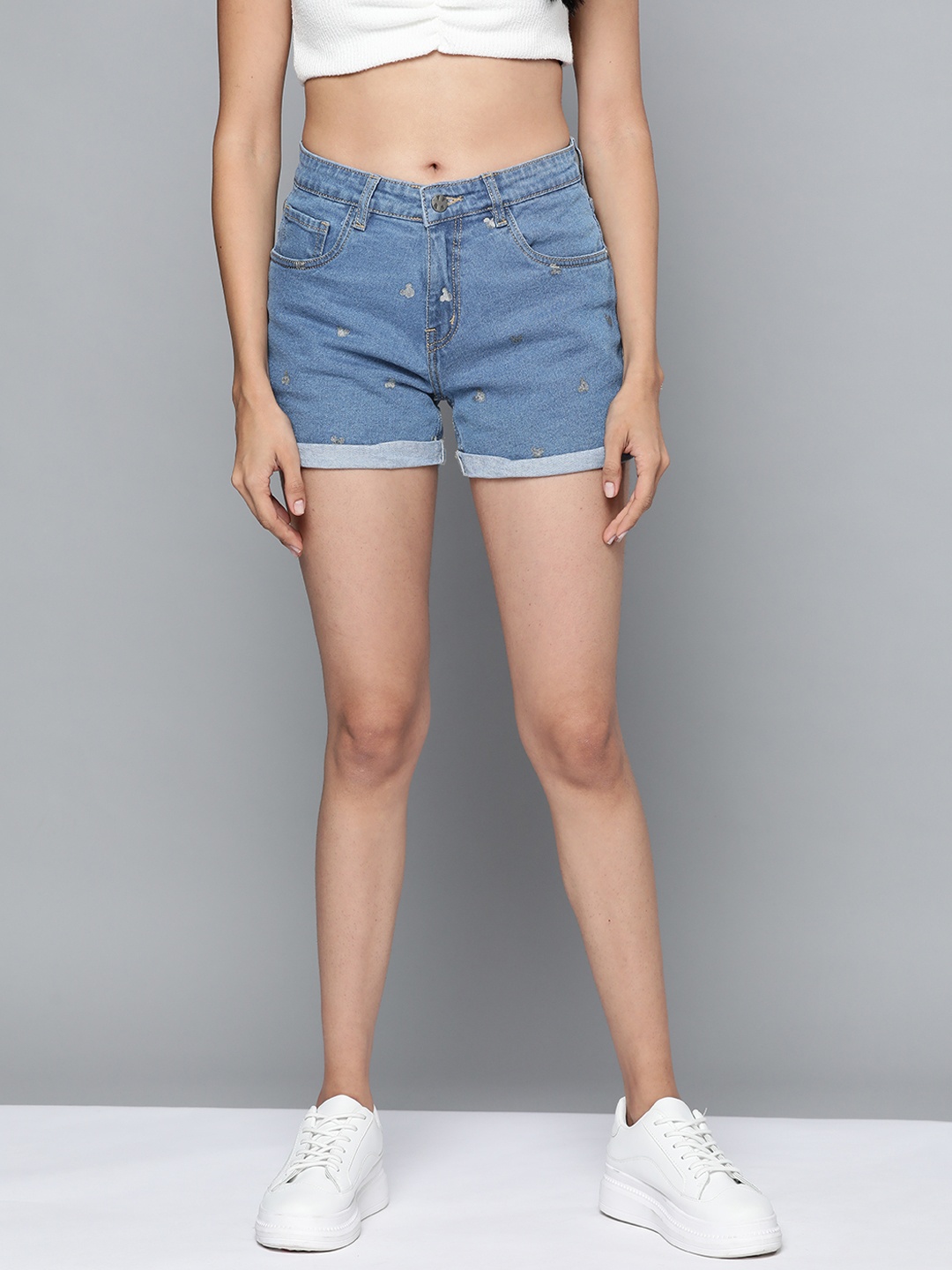 

Kook N Keech Women Blue Mickey Mouse Print Denim Shorts