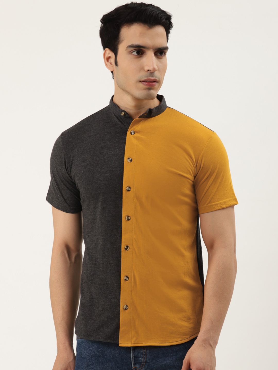 

GESPO Men Charcoal Comfort Mandarin Collar Opaque Colourblocked Casual Shirt