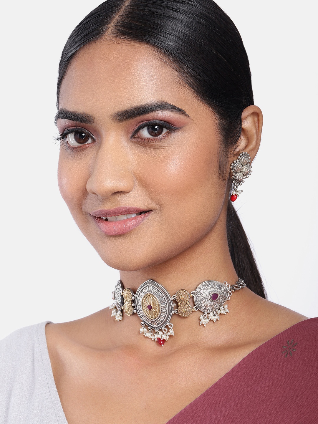 

MIDASKART Silver & Gold-Toned Cubic Zirconia-Studded Choker Necklace With Earring