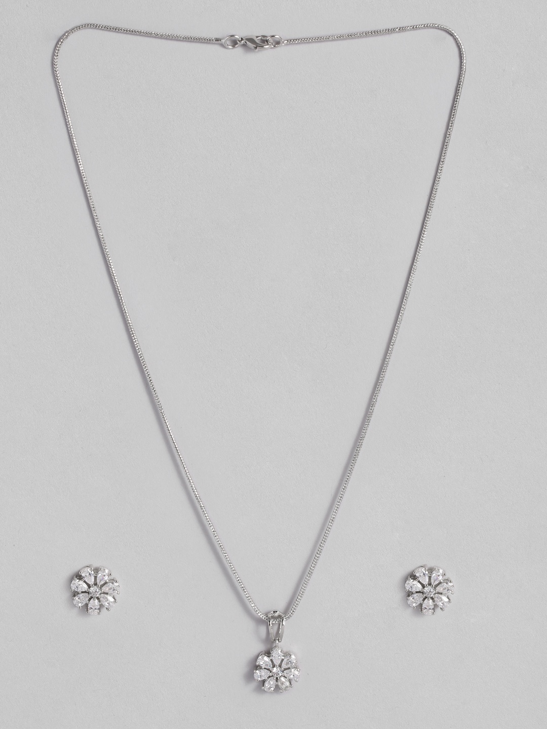 

MIDASKART Women Silver-Toned Cubic Zirconia Studded Floral Necklace with Earrings