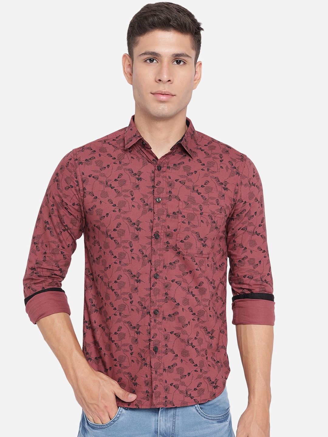 

Greenfibre Men Rust Slim Fit Floral Printed Pure Cotton Casual Shirt