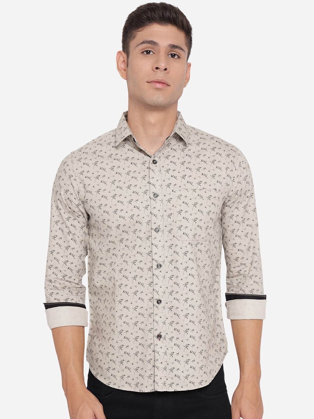 

Greenfibre Men Beige Slim Fit Floral Opaque Printed Pure Cotton Casual Shirt