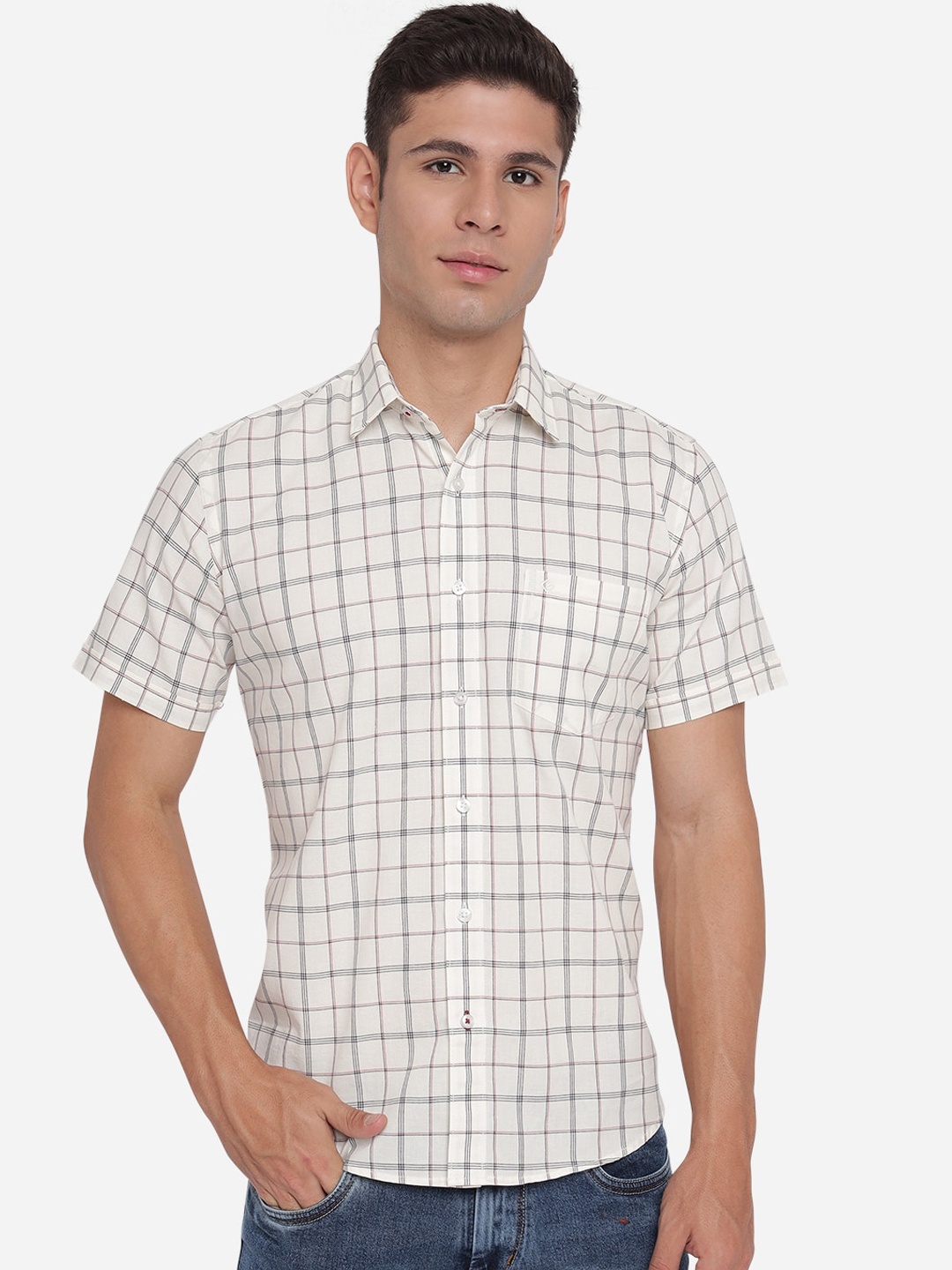 

Greenfibre Men Off White Slim Fit Opaque Checked Casual Shirt