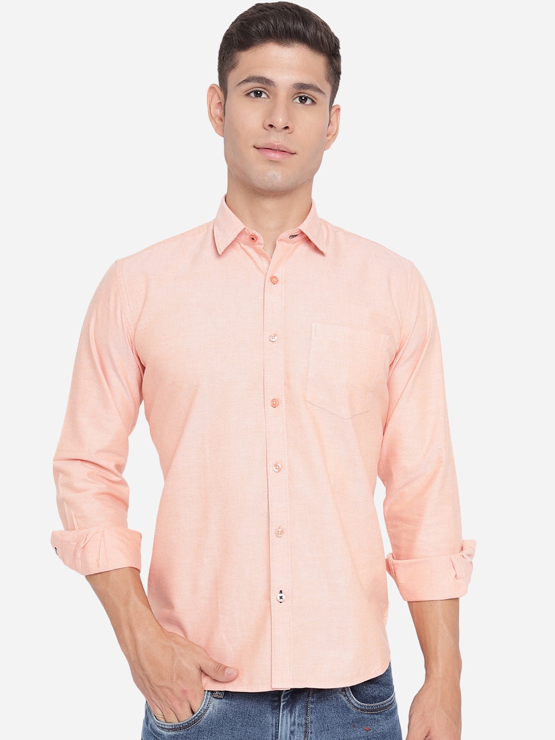 

Greenfibre Men Peach-Coloured Slim Fit Opaque Pure Cotton Casual Shirt