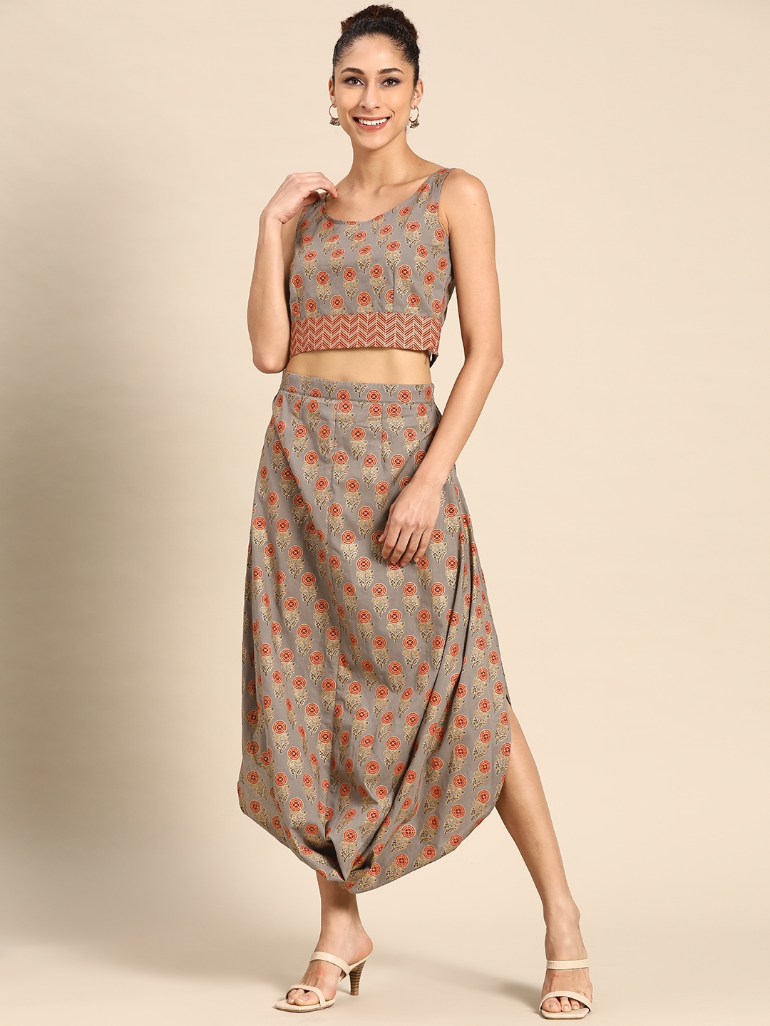 

MABISH by Sonal Jain Grey & Rust Orange Ethnic Print Co-ord Set