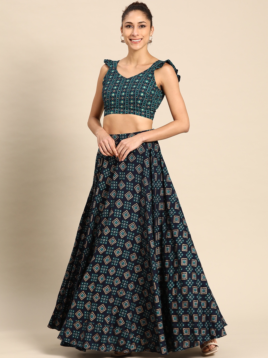 

MABISH by Sonal Jain Women Navy Blue & Golden Printed Top with Skirt