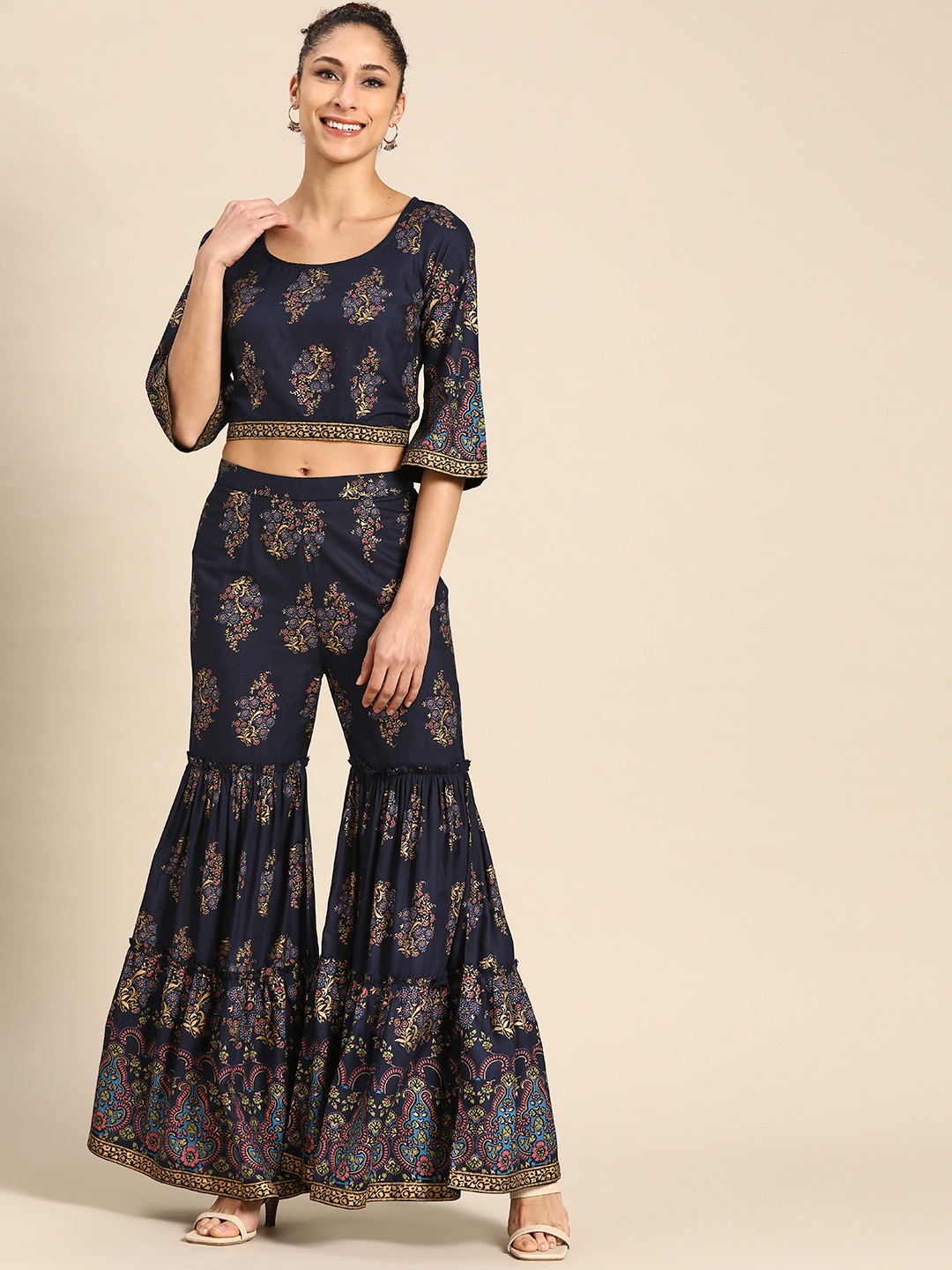 

MABISH by Sonal Jain Women Navy Blue & Beige Ethnic Motif Print Sharara Set