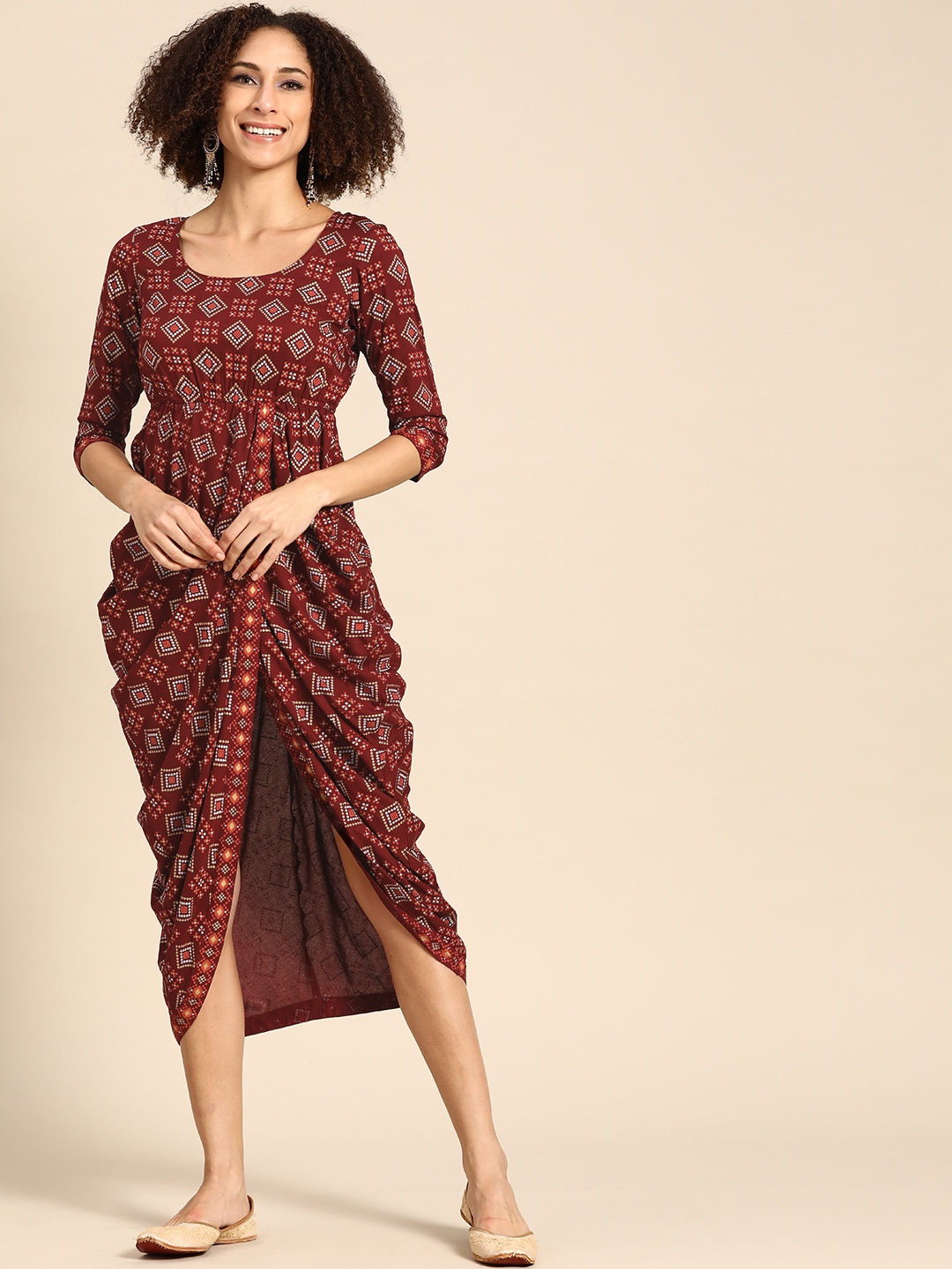 

MABISH by Sonal Jain Maroon & Golden Ethnic Motifs Print Side Cowl Empire Midi Dress