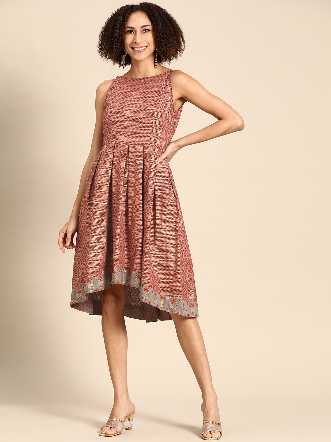 

MABISH by Sonal Jain Chevron Print Open Back Pleated Fit & Flare Ethnic Dress, Rust