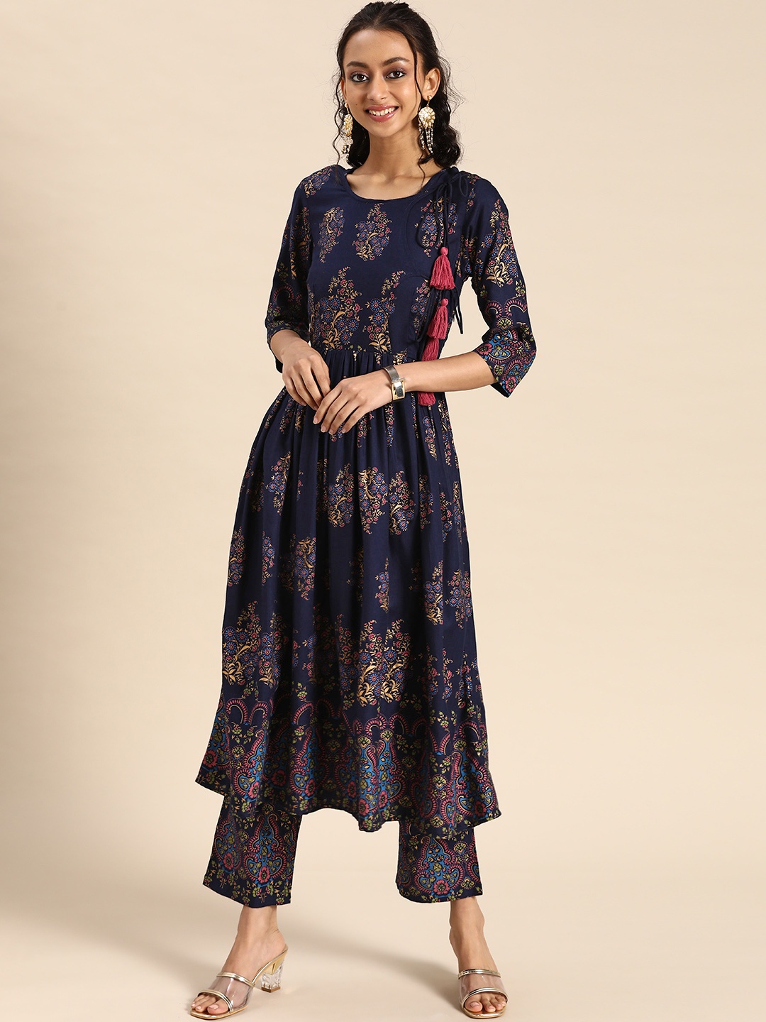 

MABISH by Sonal Jain Women Navy Blue Floral Printed Angrakha Kurta with Palazzos