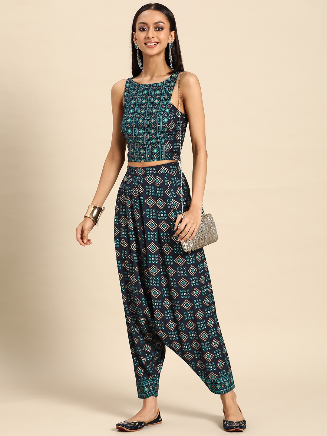 

MABISH by Sonal Jain Women Navy Blue & Blue Printed Crop Top with Dhoti Pants
