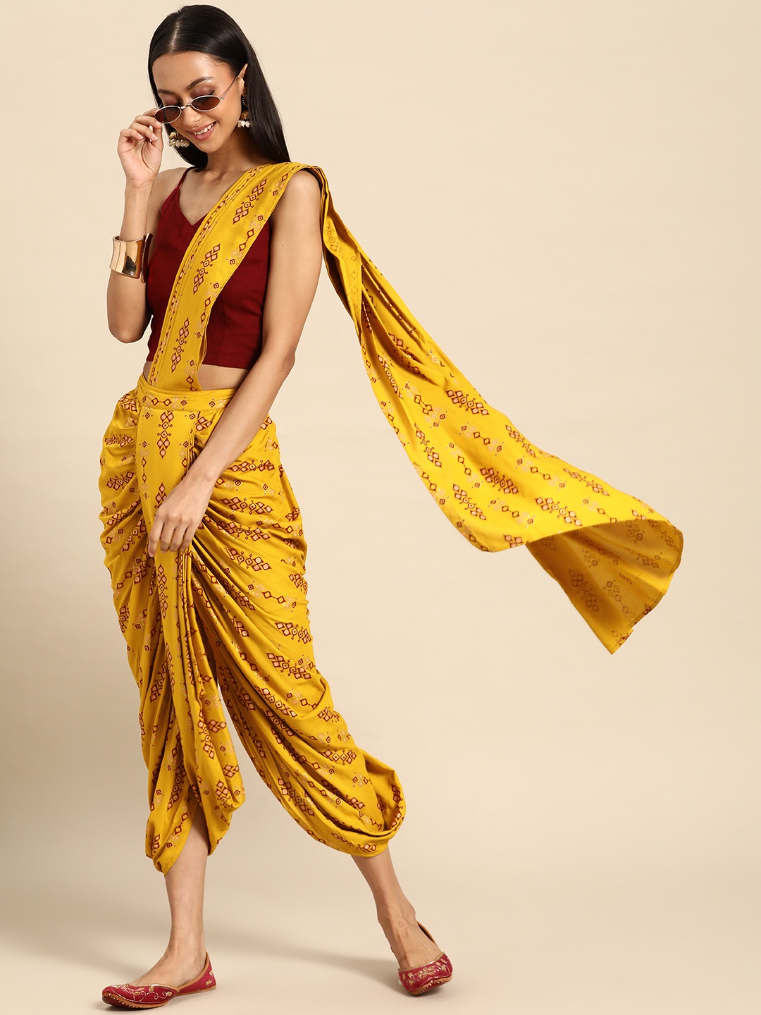 

MABISH by Sonal Jain Mustard & Maroon Printed Dhoti Dupatta Drape with Blouse