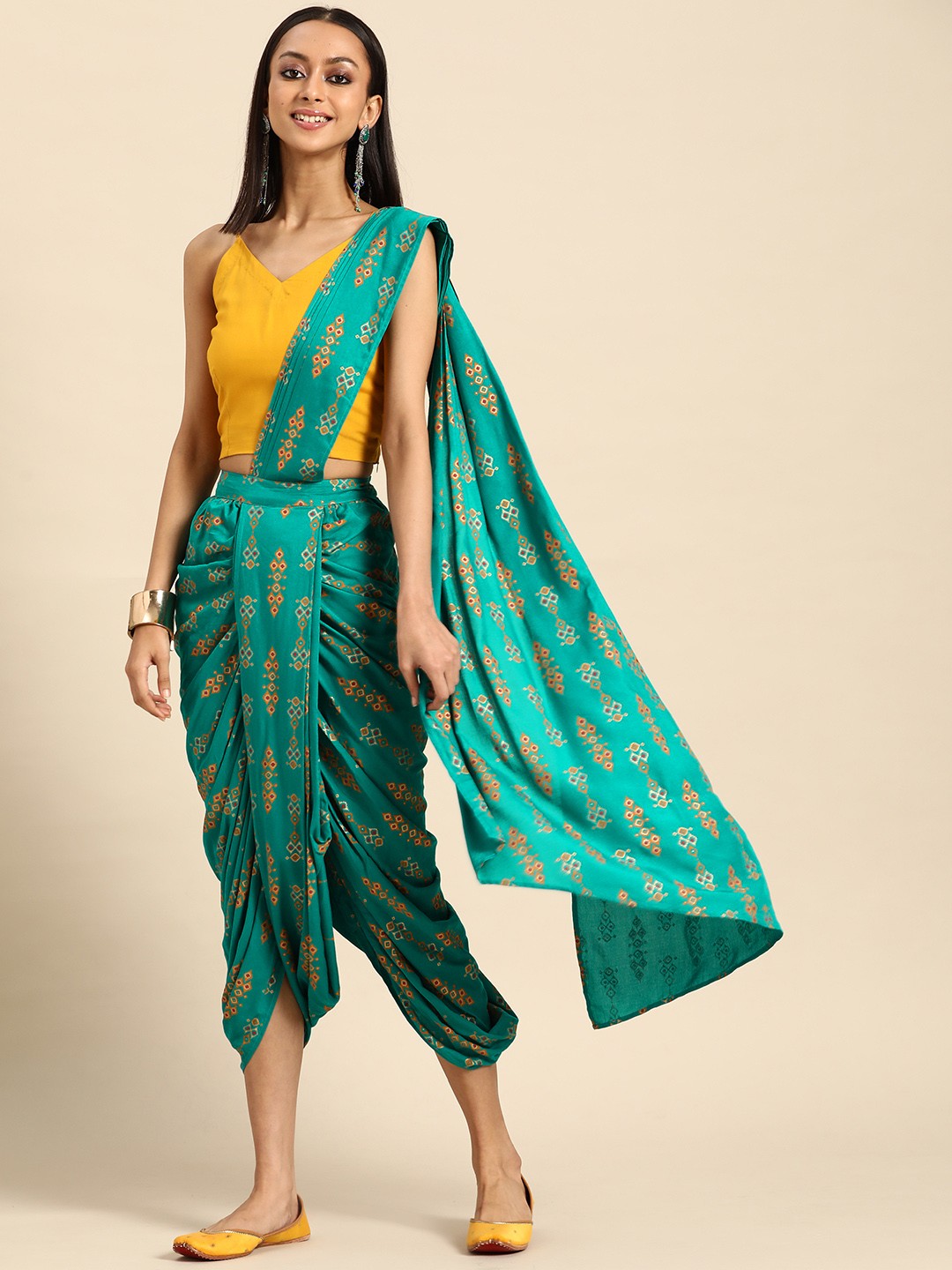 

MABISH by Sonal Jain Turquoise Blue & Mustard Printed Dhoti Dupatta Drape with Blouse