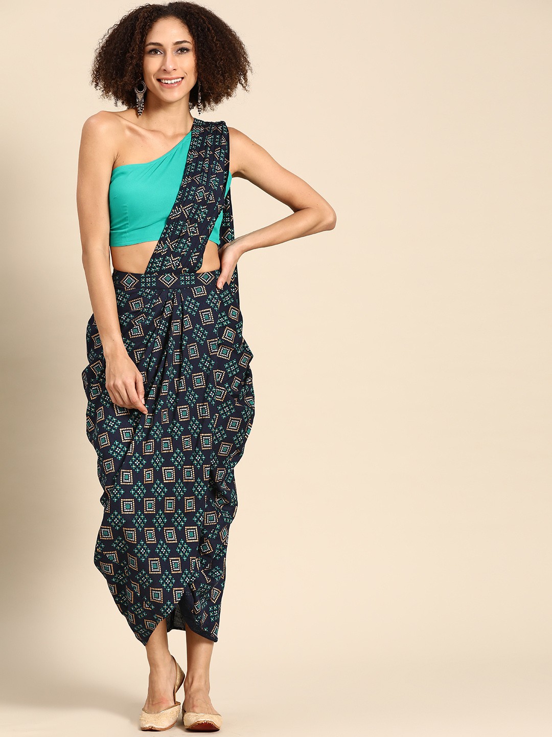 

MABISH by Sonal Jain Navy Blue Printed Ready to Wear Cowl Saree with Stitched Blouse