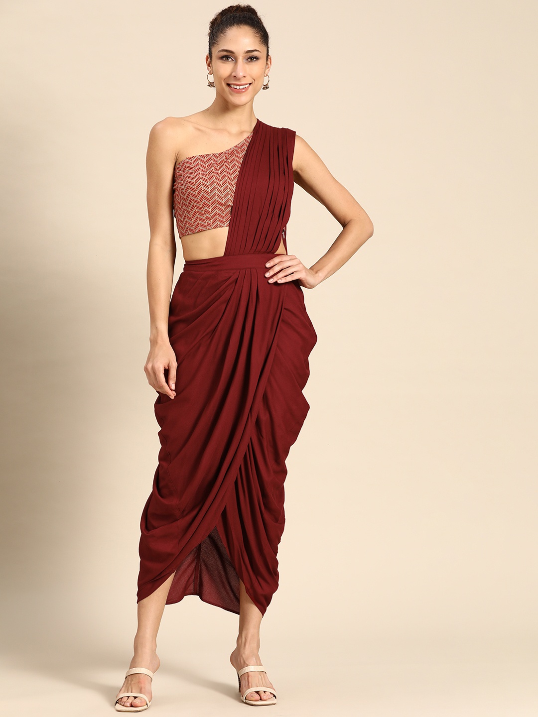 

MABISH by Sonal Jain Maroon Solid Ready to Wear Cowl Saree with Stitched Blouse