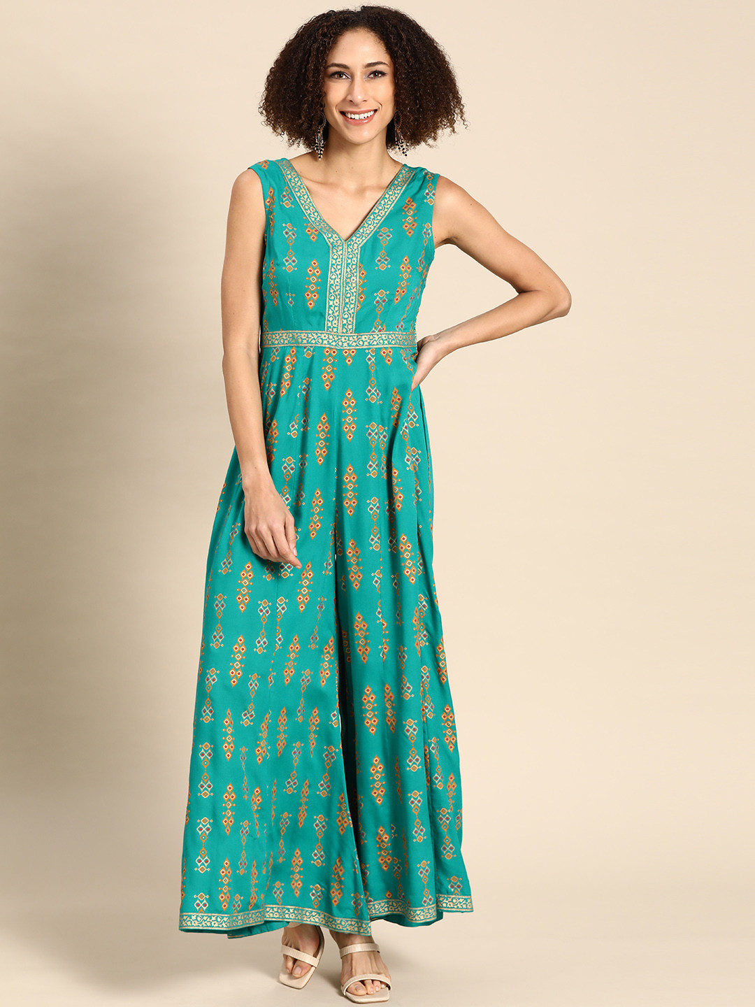 

MABISH by Sonal Jain Turquoise Blue & Orange Printed Kalidar Jumpsuit